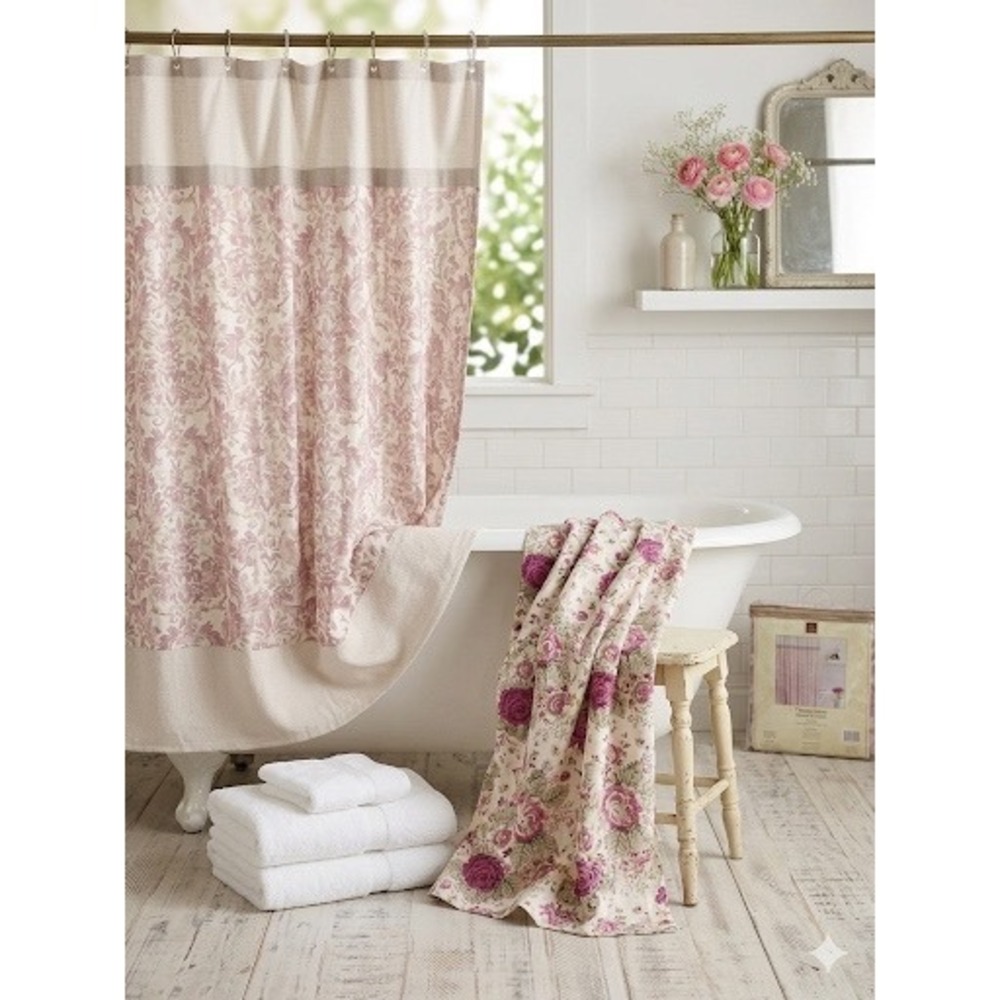 Sherry Kline Vintage‎ Stone Shower Curtain Rose Floral Damask 70x72 New